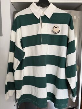 Moncler White and Green Horizontal Stripe Rugby Shirt
